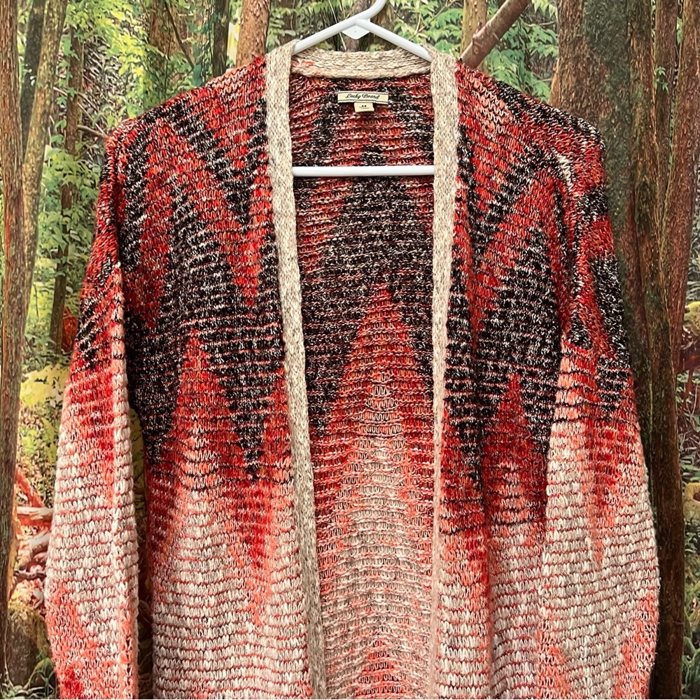 Lucky Brand Chevron Fringe Duster Cardigan sweater medium southwestern print - Picture 13 of 14